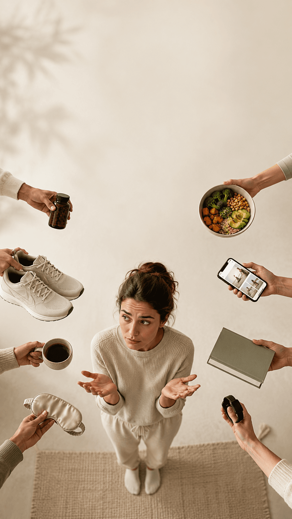 A person considering several wellness choices offered around them